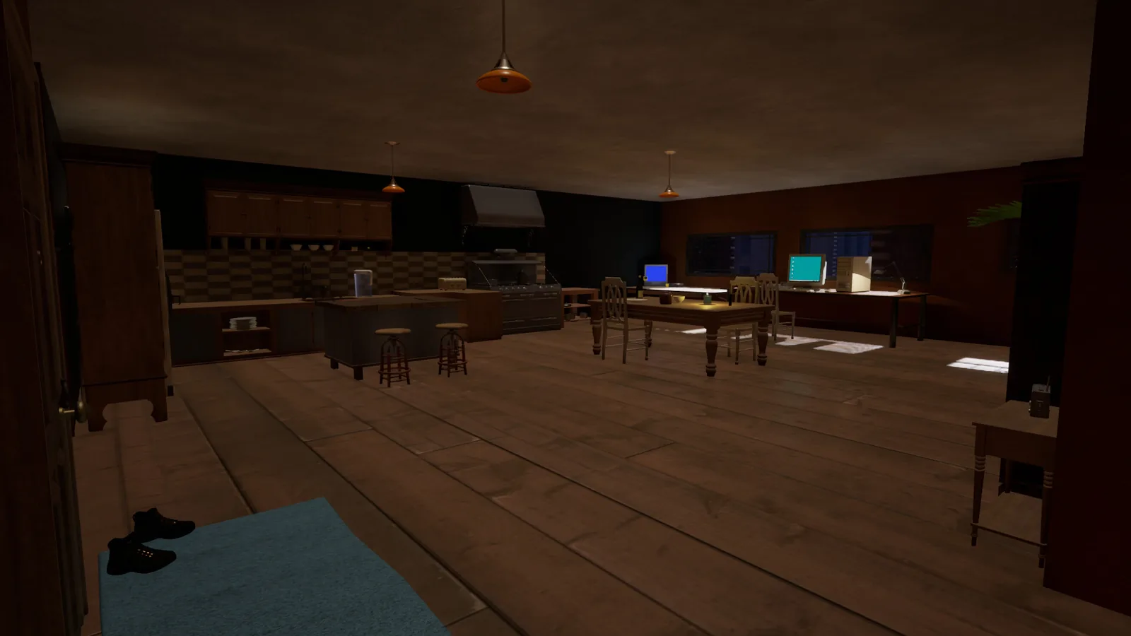 The dimly lit apartment where the game takes place