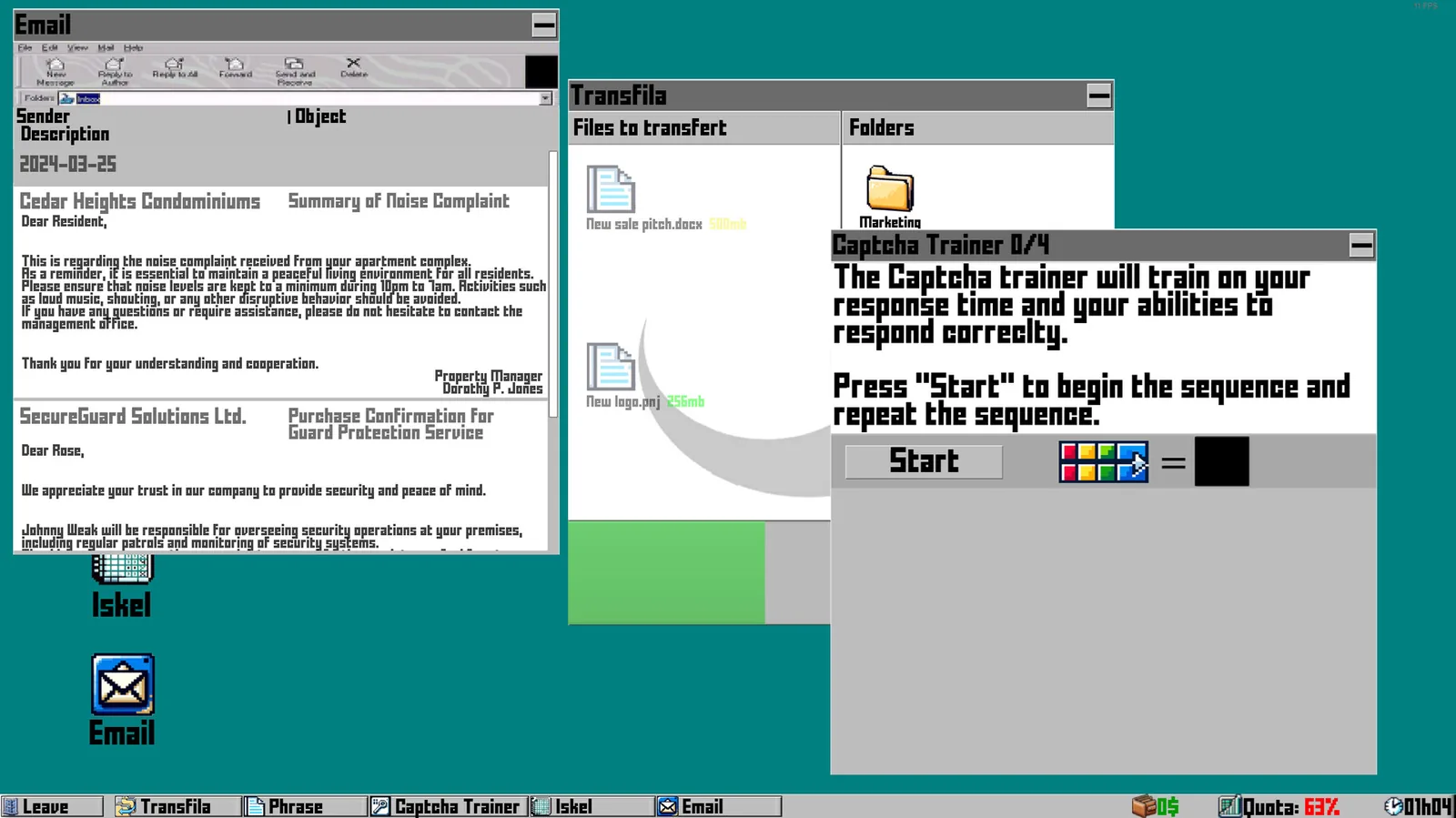 In-game retro desktop with email, file transfer and captcha tasks
