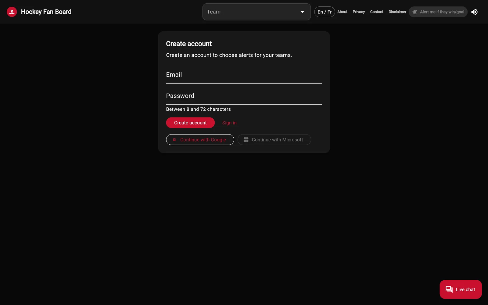 Account creation to set up team alerts