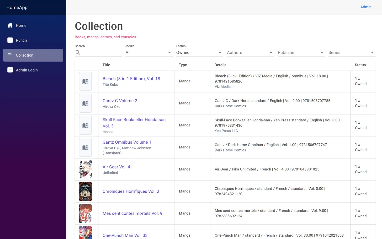 Collection table with filters and cover thumbnails