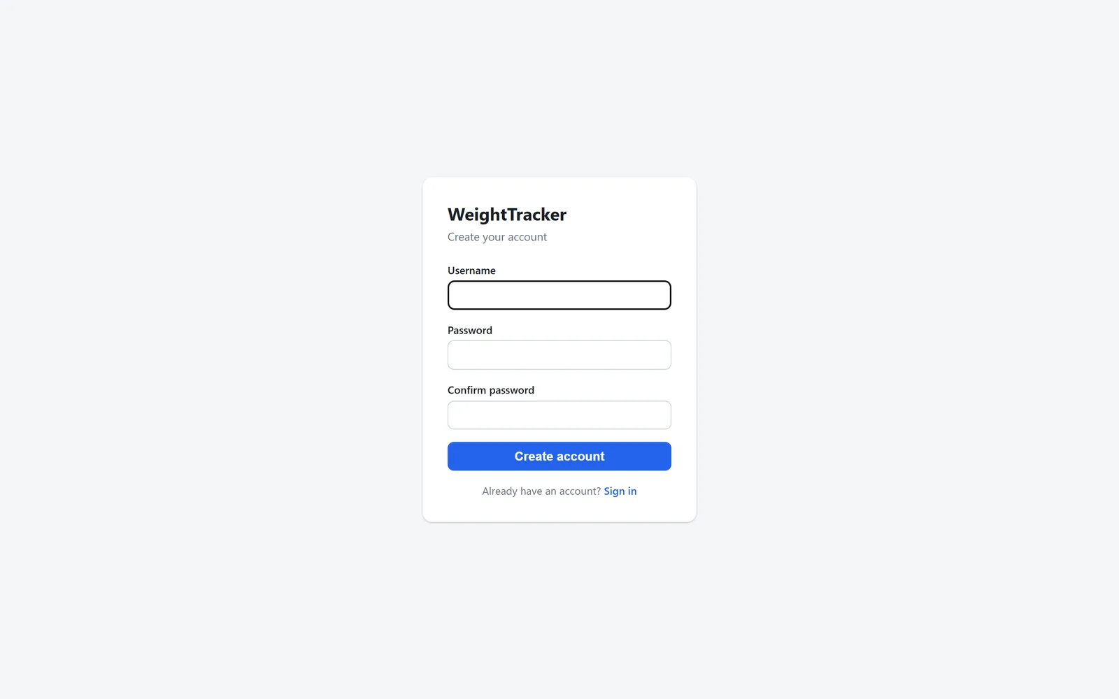 WeightTracker account creation screen